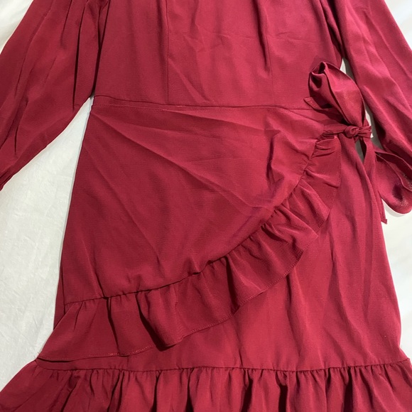 Red Long Sleeve Dress Mid Thigh Dress Faux Wrap - Picture 2 of 7
